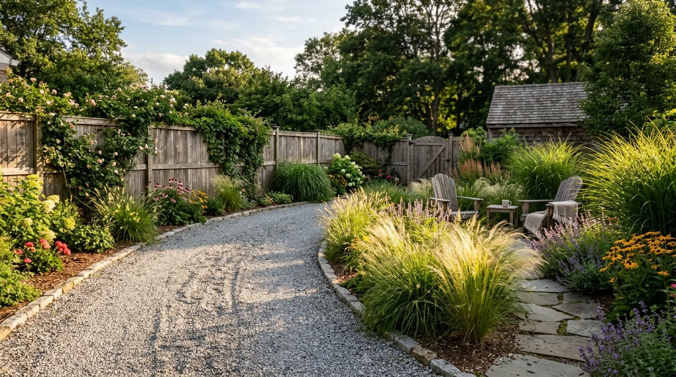 Backyard With Gravel Driveway and Wooden Fences